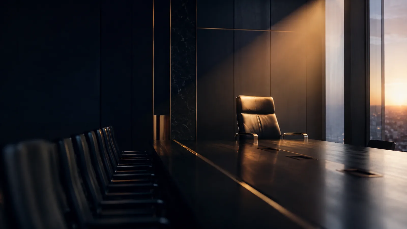 An empty leather chair at the head of a long dark boardroom table, lit by warm gold light from a window at dusk with a city skyline beyond, representing a waiting first board seat