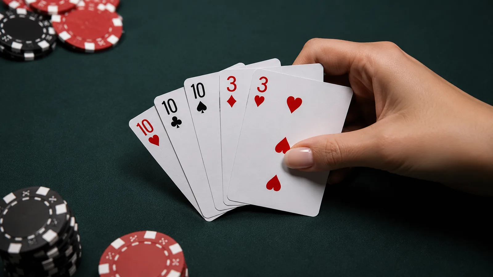 A hand holding a winning poker hand, a full house, over a green felt table stacked with chips, illustrating who holds the cards in executive pay negotiations