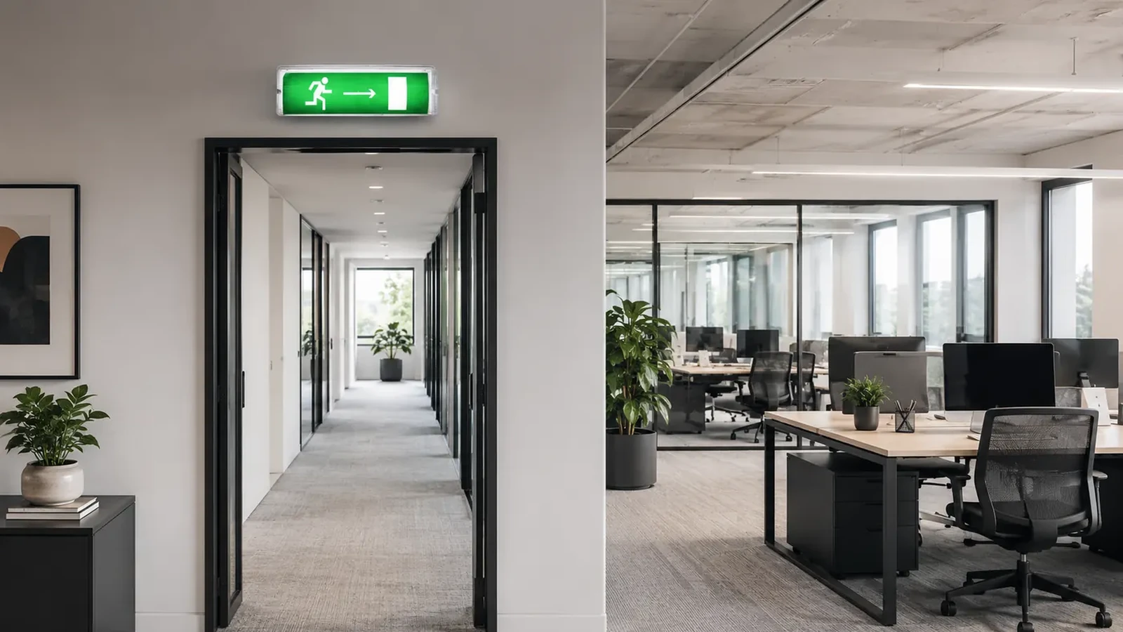 Green emergency exit sign above an open doorway in a bright modern office, a carpeted corridor leading out past glass-walled workspaces