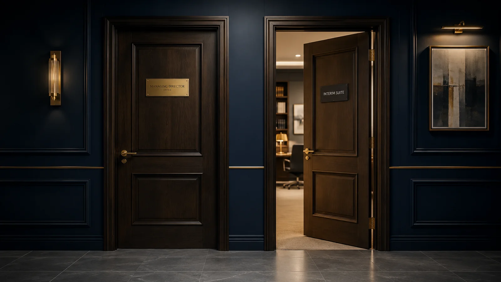 Two dark wooden office doors in a navy and gold corridor; the left door closed with a brass nameplate for a permanent role, the right door ajar with light and activity for an interim engagement