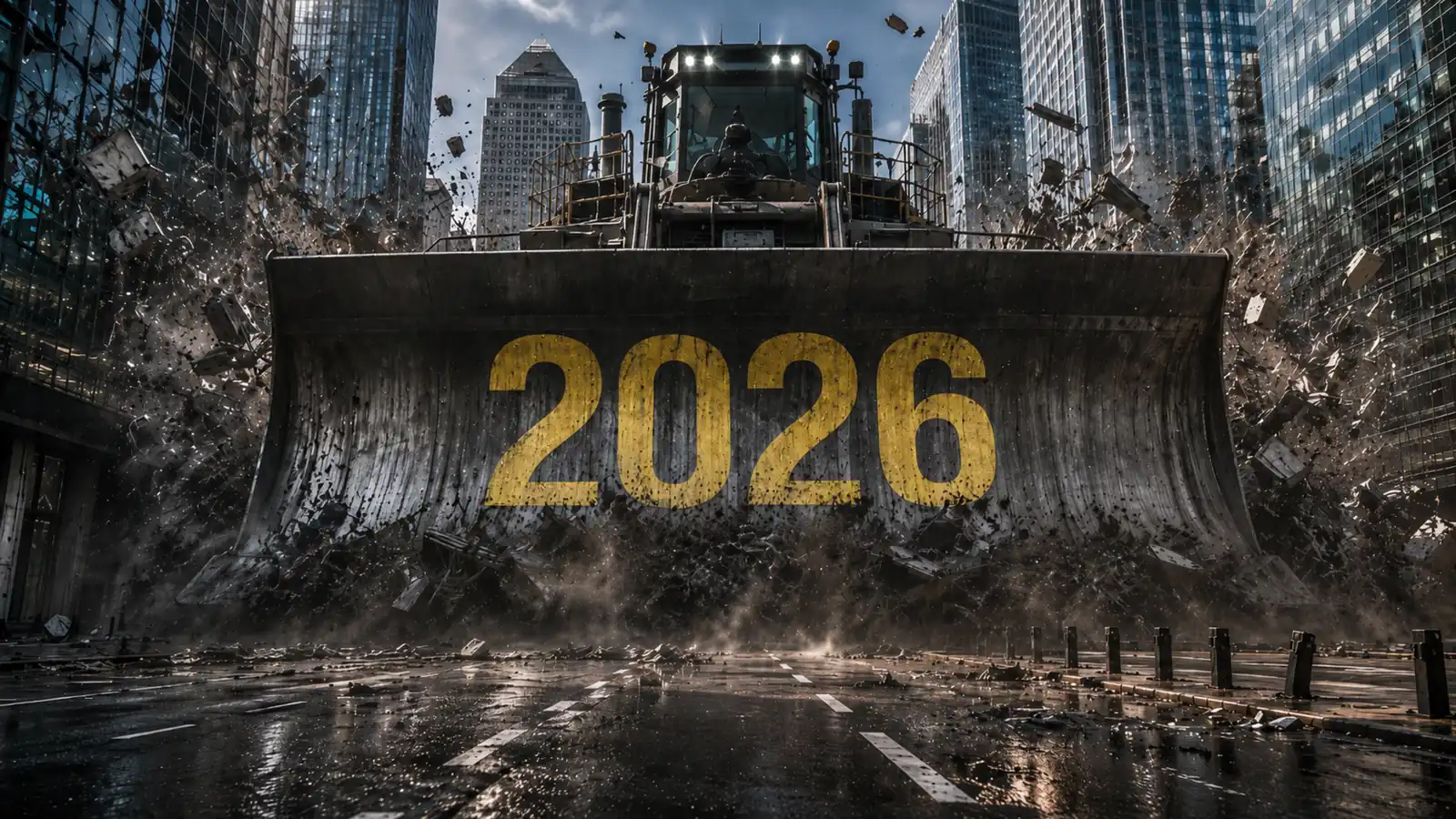 A heavy bulldozer marked 2026 clearing rubble through a city of glass office towers, symbolising boards clearing out senior leaders and the executive search that follows