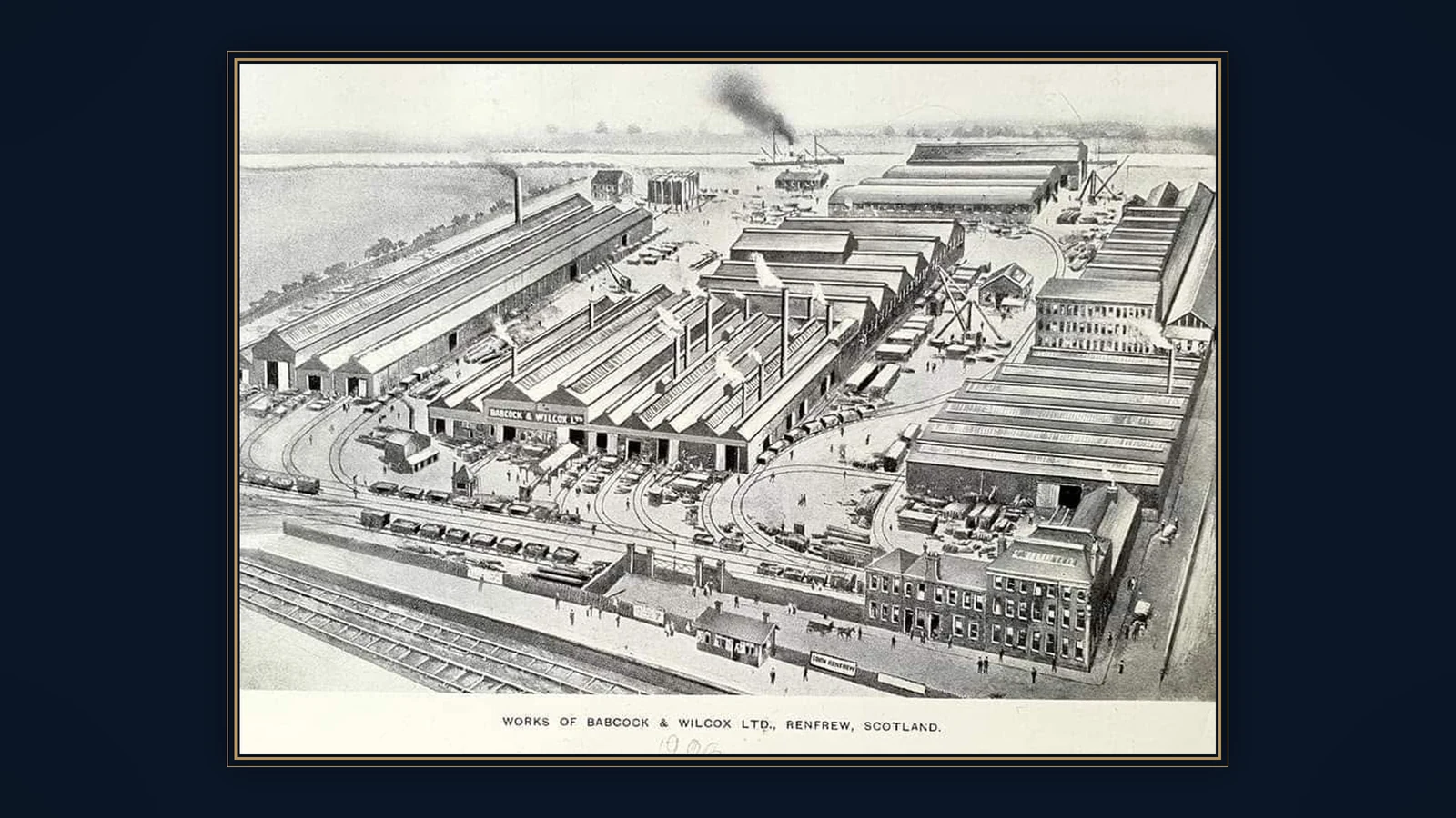 1907 engraving titled Works of Babcock & Wilcox Ltd, Renfrew, Scotland, showing the company's shipyard and engineering works beside the river.
