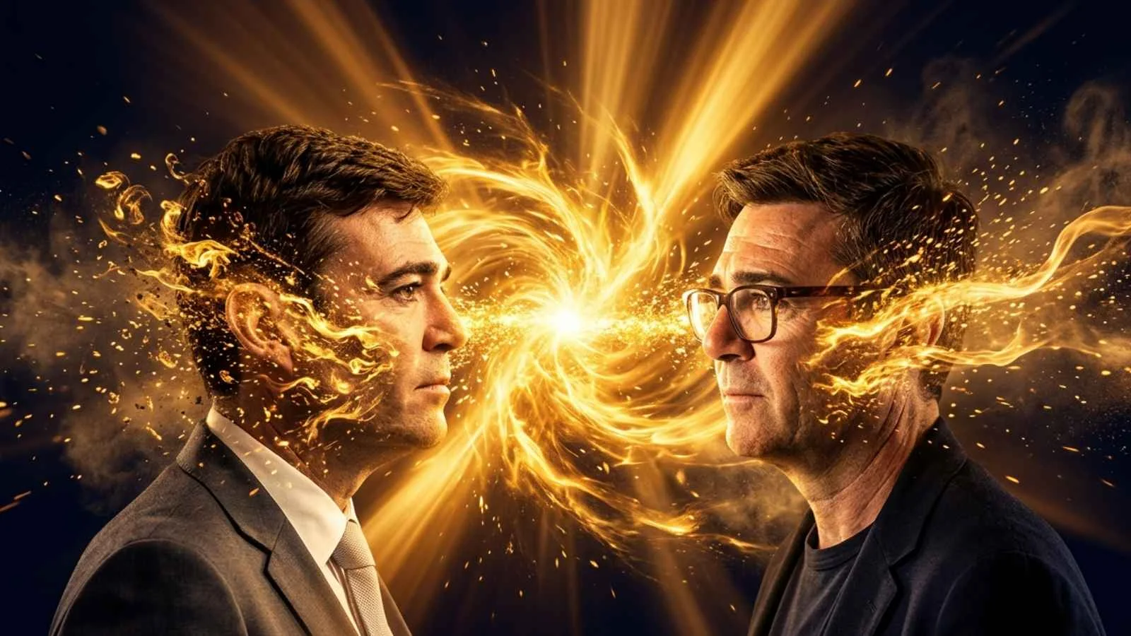 Composite image of Andy Burnham in 2015 facing his present-day self across a swirl of golden light, evoking a Time Lord regeneration