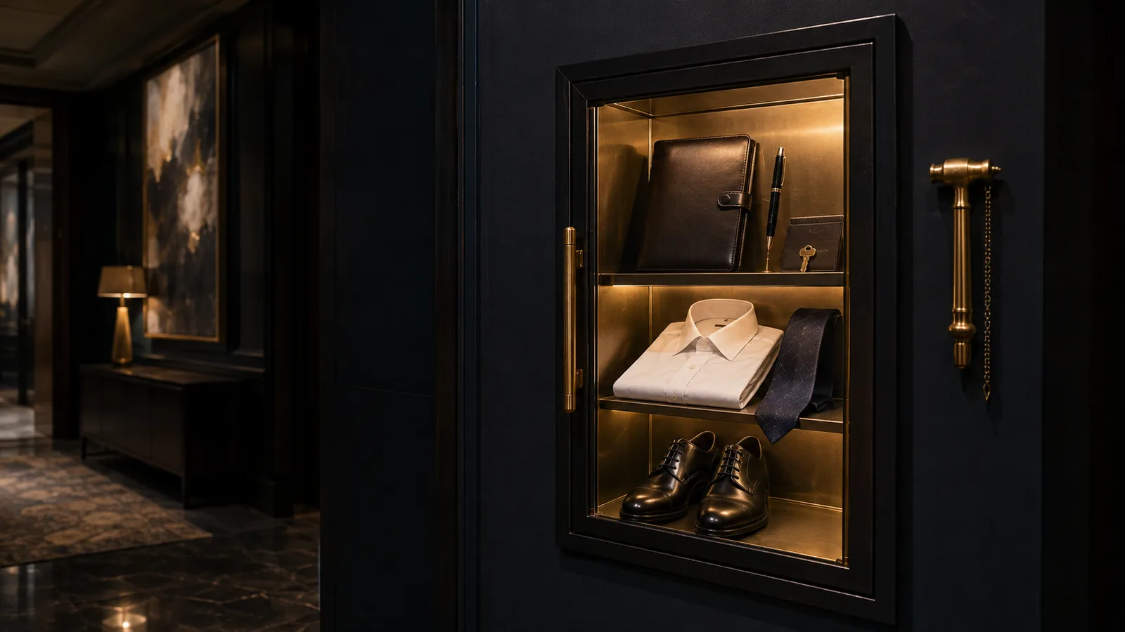 Dark navy executive dressing room with a gold-lit display case holding a leather folio, fountain pen, white shirt, tie and polished oxford shoes, kept ready
