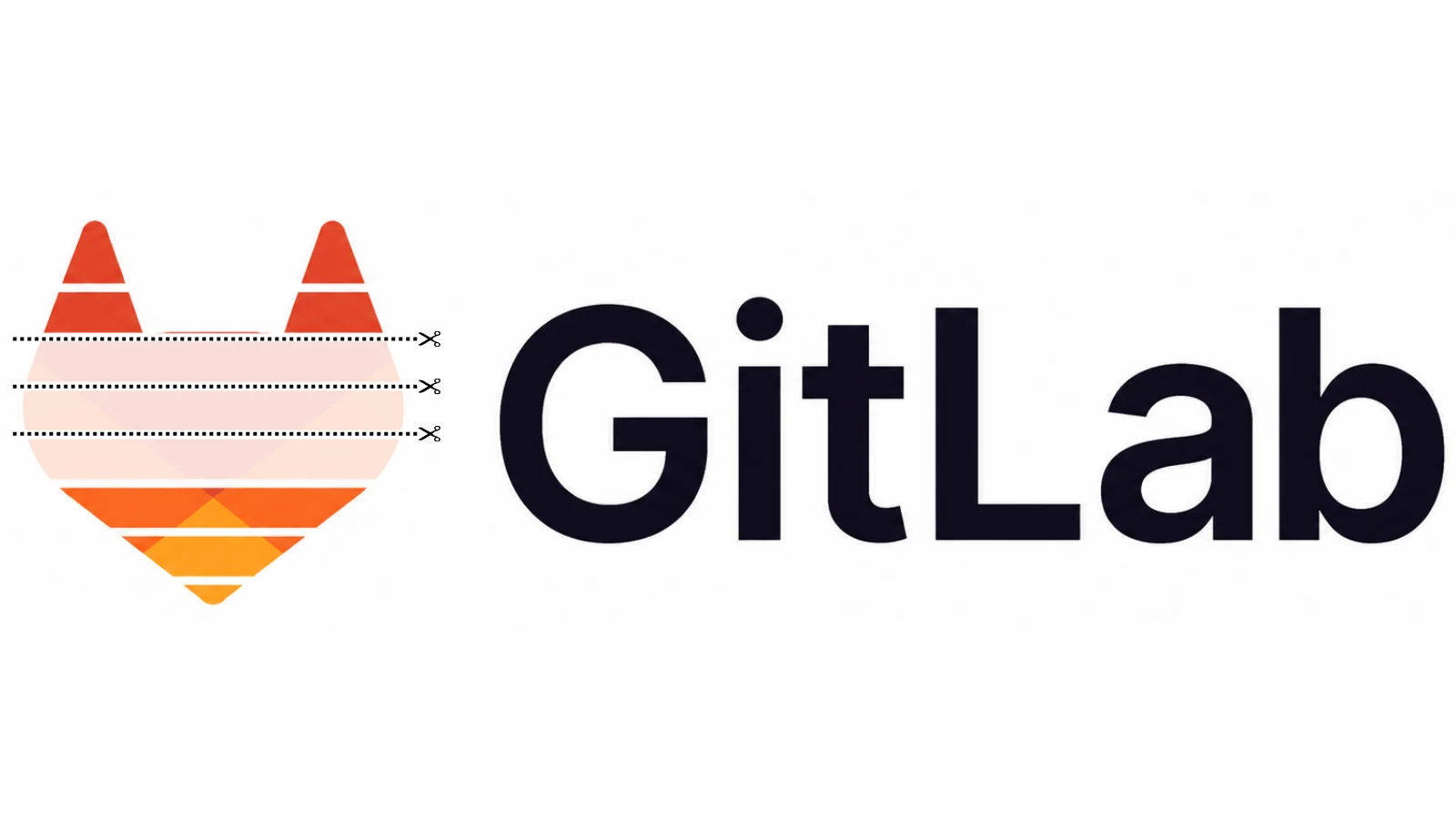 Adapted GitLab logo with dotted cut lines and scissors slicing through the middle layers of the tanuki, illustrating a flattened organisation