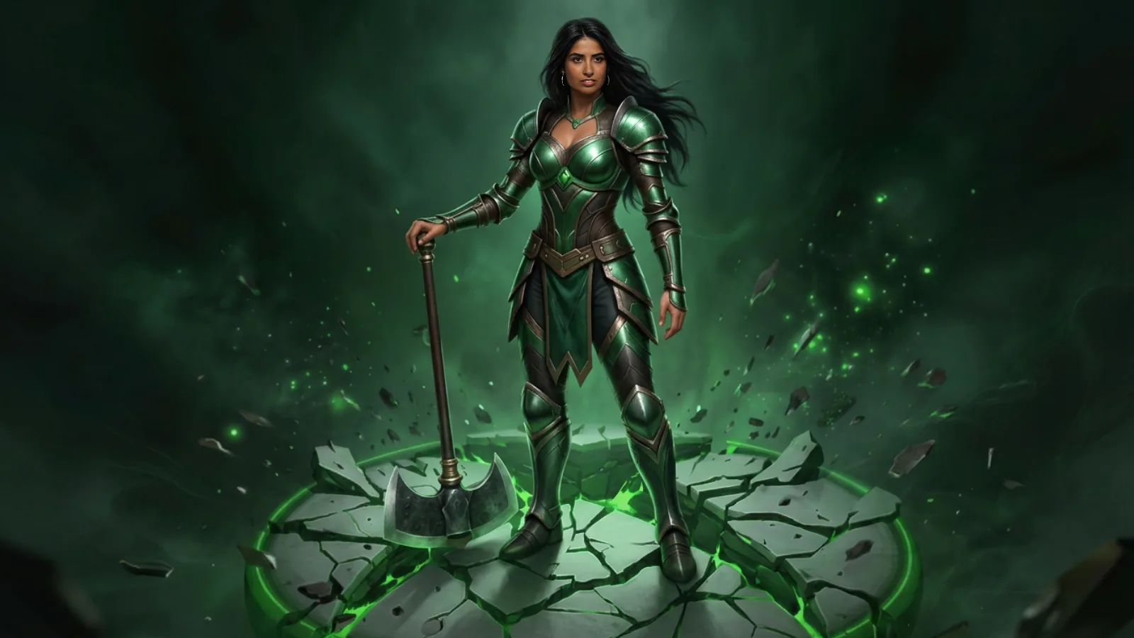Illustration of Asha Sharma as an armoured warrior holding a large battle axe, standing on a cracked stone platform glowing Xbox green
